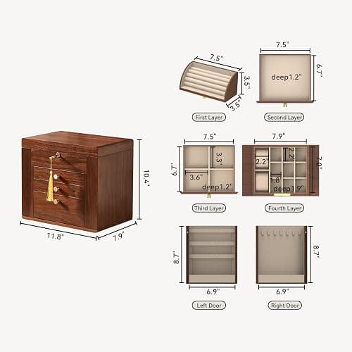 Homruilink Black Walnut Wooden Jewelry Box, Wood Jewelry Organizer with 2 Side Doors Mirror Lockable Classical for Watch Necklace Ring Earring Storage Christmas Gifts-4 Layer with Curved Ring Grooves thumbnail 2
