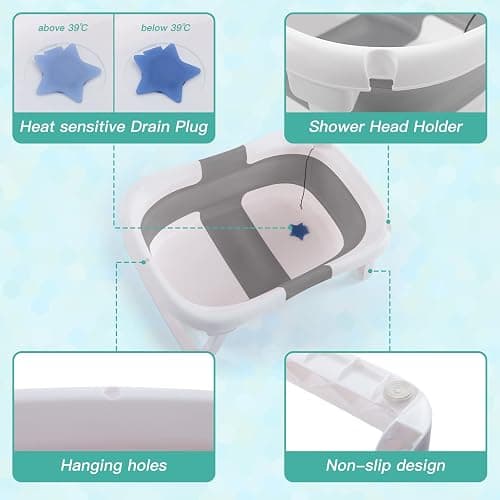 nordmiex Foldable Baby Bathtub for Infants to Toddler,Portable Travel Multifunctional with Drain Hole,Collapsible Newborn 0-36 Month (Gray White+Baby Bath Cushion+Waterproof Ear Cap) thumbnail 7