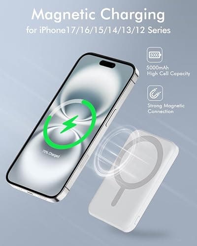 podoru for Magsafe Battery Pack, 5000mAh Magnetic Power Bank with Type-C Cable 20W PD Fast Charging Lighting Input Wireless Portable Charger for iPhone 17/16/15/14/13/12/ All Series-White thumbnail 3