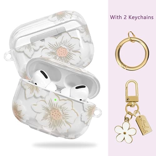AIIEKZ Compatible with AirPods Pro Case Cover 2019, Soft TPU Case with Cute Flower Pattern for AirPods Pro 1st Generation Case with Flower Keychain and Carabiner for Girls Women (White) thumbnail 2