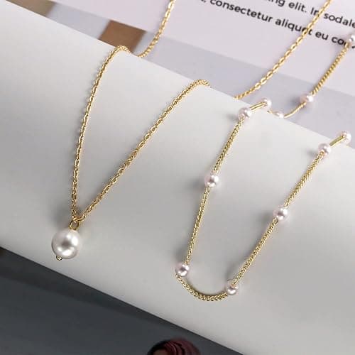 Gold Pearl Necklace for Women, 14K Gold Plated Layered Pearl Necklaces for Women Trendy Simple Herringbone Chain Pearl Necklace for Women Gold Jewelry Gifts thumbnail 7