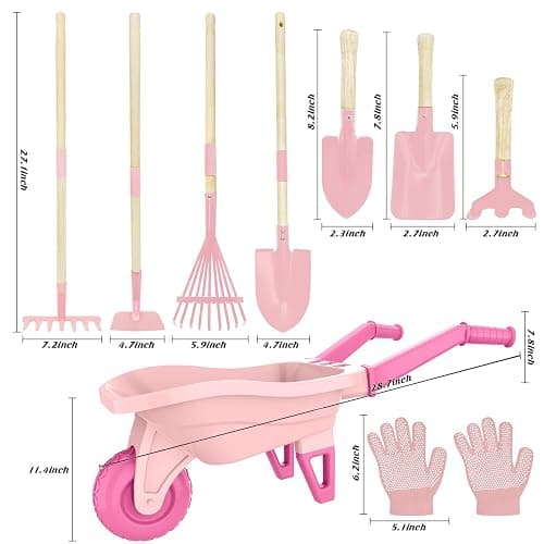 Qtioucp Kids Gardening Set with Wheelbarrow, Real Metal Garden Tools for Kids Ages 3-8, 4 Long Handle Tools, 3 Hand Tool, Gloves, 5 Stickers, Handbook, Outdoor Backyard Toys for Toddler Gift thumbnail 3
