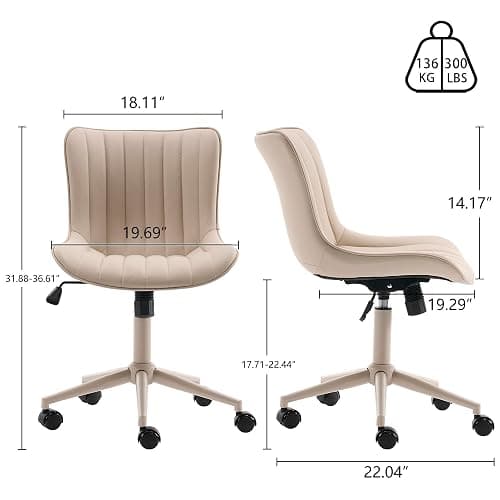YOUNIKE Cream Home Office Desk Chair with Wheels Armless Compact Comfy Vanity Chair with Adjustable Back Modern Small Leather Upholstered Rolling Swivel Cute Computer Task Sewing Chair No Arms thumbnail 2