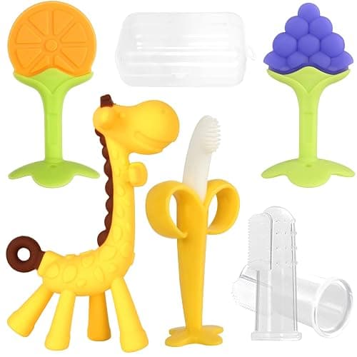 Chuya Teething Toys (4 Pack) Teething Toy for Baby, Teach Teeth Brushing ,BPA-Free,Chew Toy for Infants Toddlers Silicone Baby Teethers Giraffe Fruit Teething Stick for Babies 3 Months+ - Image 1