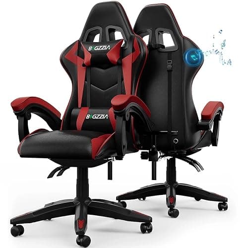 Bigzzia Ergonomic Gaming Chair With Speakers Lumbar and Headrest Cushions | Built-in Bluetooth Speakers, 360° swivel, High-density Padding, up to 110kg for Adults (Red) - Image 1