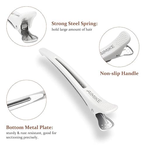 AIMIKE 6pcs Professional Hair Clips for Styling Sectioning, Non Slip No-Trace Duck Billed Hair Clips with Silicone Band, Salon and Home Hair Cutting Clips for Hairdresser, Women, Men - White 4.3” Long thumbnail 4