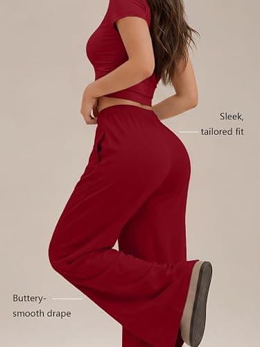 Trendy Queen Women's 2 Piece Matching Summer Lounge Set with Pockets | Vacation Airport Travel Outfits, Workout Gym Clothing Comfy Athleisure Clothes, Side-ruched Top, Drawstring Wide Leg Pants thumbnail 4