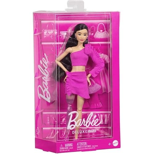 Barbie Deluxe Style Doll #2 in Barbiecore Outfit, Black Hair and Glittery Prosthetic Leg, Pink Top and Skirt Set with Rosette Detail and Accessories thumbnail 4