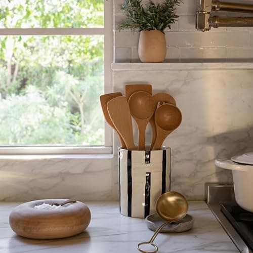 JIEMEI HOME Kitchen Utensil Holder, 7.2" Ceramic Stable Utensil Crock for Countertop, Modern Minimalism Style Cooking Tool Organizer with Cork Mat, Spatula Holder For Kitchen Decor, Black stripes thumbnail 9
