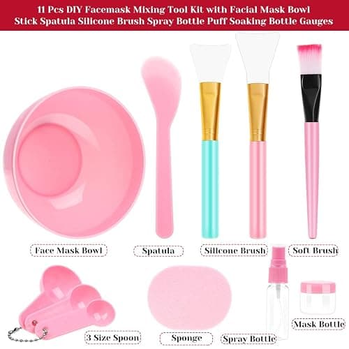 anezus 11 Pcs DIY Facial mask Mixing Tool Kit with Bowl Stick Spatula Silicone Brush Spray Bottle Puff Soaking Bottle Gauges (Pink) thumbnail 2