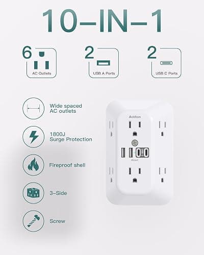 Addtam Surge Protector Outlet Extender, 6-Outlet Splitter with 4 USB Wall Charger(2 USB-C Ports), Multi Plug Wall Outlet 1800J Power Strip for Home Office Dorm Room Essentials thumbnail 2