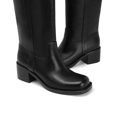 Gothictor Women's Banana Knee High Boots Square Toe Chunky Block Heel Comfortable Low Heel Pull on Wide Calf Riding Long Boots for Women thumbnail 6