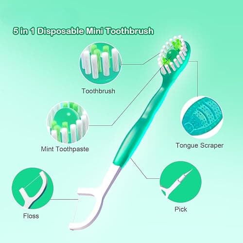 FOREVIVE Mini Toothbrush Disposable with Toothpaste,Tongue Scrapers,Floss and Pick.Travel Tooth Brush Pack for Work or Travel.Individually Wrapped, 10 Count, Mint and Three Other Fruit Flavors - Green+pink|+blue+red - 1 Count (Pack of 12) thumbnail 5