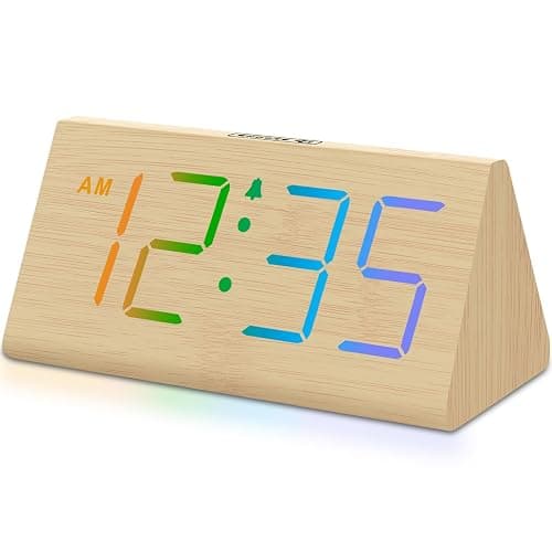 DreamSky Wooden Digital Alarm Clock for Bedroom - RGB Electric Desk Clock with Large Numbers, USB Port, Loud Alarm for Heavy Sleepers, Dimmer and Volume Control, Snooze, Wood Décor, Adapter Powered - Image 1