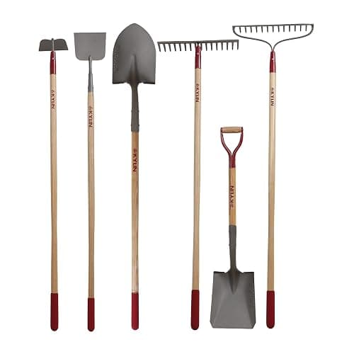 KYLIN 6-Piece Pro Long Ash Handle Garden Tools Set for Landscaping Agricture or Backyard,14-Gauge Shovels,Forged Rakes,Forged Weeding Hoe Sidewalk Scraper, - Image 1