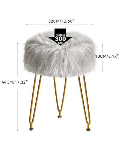 IBUYKE Faux Fur Vanity Stool Chair, Furry Makeup Stool Ottoman, Soft Padded Seat, Round Footrest Footstools with 4 Metal Legs, for Living Room Bedroom Entryway, Gray LG-32G - without storage - Grey thumbnail 3