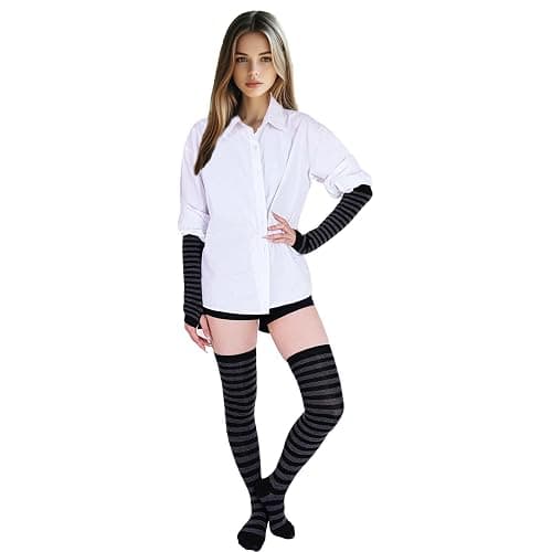 Tongcloud Women's Striped Knee High Socks, Over Knee Thigh High Socks, Arm Warmer and Fingerless Gloves Set thumbnail 6