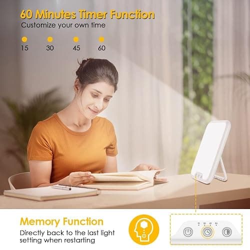 VTHW Tageslichtlampe, 10000 Lux Lichttherapielampe mit Memory Funktion, 4 Timer, 3 Lichtfarben Sonnenlicht Lampe mit Knopf-Steuerung, Stufenlosem Dimmen, 90° Halterung, für Hause/Büro thumbnail 3