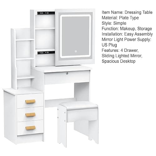 Wilitto Vanity Desk,Makeup Vanity with Sliding Mirror and Lights, Bedroom Dressing Table, Makeup Table with 4 Drawers & 7 Shelves, Hidden Storage Space White thumbnail 8