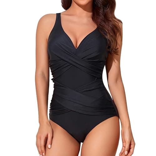 Smismivo Tummy Control Swimsuits for Women Slimming One Piece Bathing Suit Retro Ruched Push Up Vintage Padded Swimwear - Black - Large - Image 1
