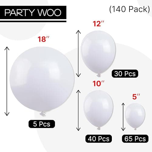 PartyWoo White Balloons 140 pcs Different Sizes of 18 12 10 5 Inch White Balloons Arch Kit Garland for Wedding Baby Shower Birthday Bridal Shower Graduation Engagement Party Decorations White-Y13 thumbnail 8