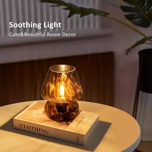 ONEWISH Mushroom Lamp Small Vintage Table Lamp for Bedroom Nightstand, Bedside Lamp Translucent Glass Stepless Dimmable, Murano Aesthetic Home Decor for Living Room Kitchen(Black) thumbnail 4