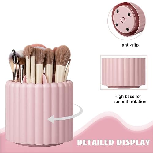 Rotating Makeup Brush Holder Organizer with Removable Dividers, Pink | 7 Slots Make Up Brush Organizer 360 Spinning Cosmetic Storage Pen Holder for Desk, Vanity, Dresser thumbnail 5