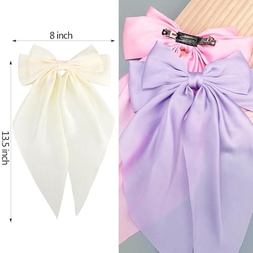 VELSCRUN 3Pcs Hair Bows for Women White Hair Bow Pink Hair Bow Purple Big Hair Bows Clips for Girls Silky Satin Large Hair Ribbons Oversized Long Tail Hair Bows Hair Barrettes Hair Accessories Gifts thumbnail 7