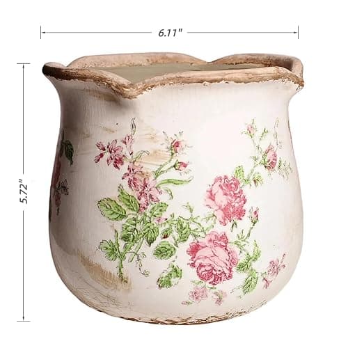 Xiaan Jiaju Shabby Chic Flower Pot, 6.11 Inch Ceramic Planter with Drainage for Indoor Plants, Vintage Ceramic Vase, Country Chic Spring Garden Home Decor, Pink Rose Floral thumbnail 3