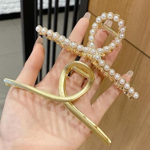 2 Pack Matte Gold and Pearl Hair Claws for Women: Large Metal Clips with Pearls for Thick Hair - Non-Slip Crab Claws and Strong Cross Barrettes thumbnail 7