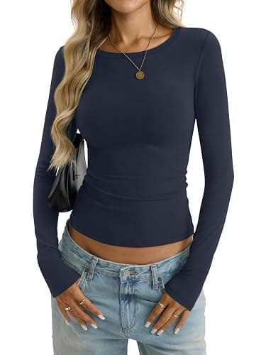 EasyGala Womens Cotton Long Sleeve Shirts Wide Round Neck Fitted Tops Basic Going Out Crop Outfits Fall Undershirts 2026 thumbnail 2