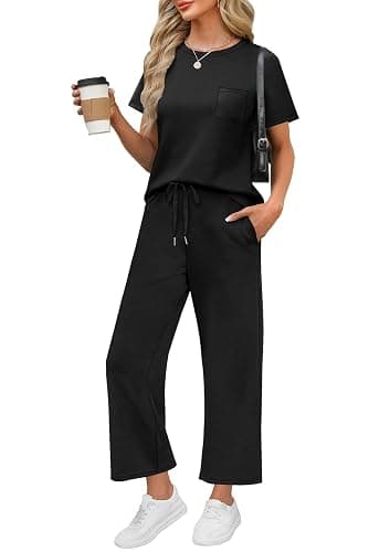 WIHOLL 2 Piece Sets for Women Casual Summer Travel Vacation Outfits Short Sleeve Wide Leg Crop Pants Lounge Sets - Image 1
