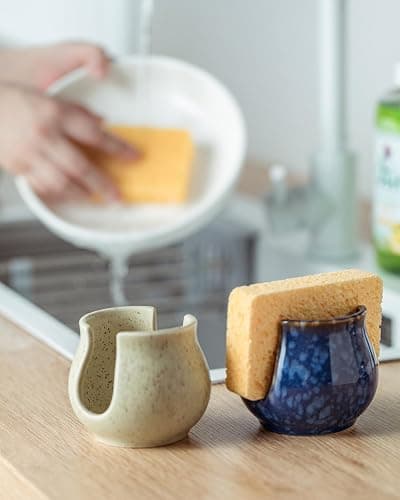 Zoeeker Ceramic Dish Sponge Holder, Sponge Caddy for Kitchen Sink Brush Organizer Scrub Dish Rack for Scrubbers, Bathroom, Sink, Yellow thumbnail 2