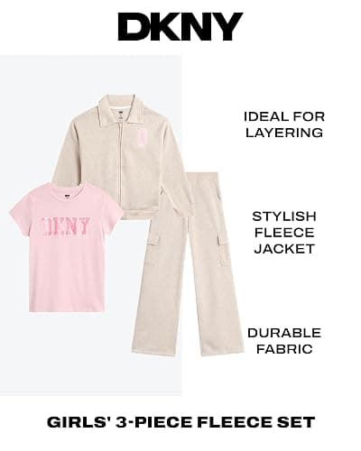 DKNY Girls Pants Set - 3 Piece Graphic Tee, Zip Up Hoodie and Jogger Sweatpants for Girls - Cute Matching Kids Sweatsuit Set thumbnail 2