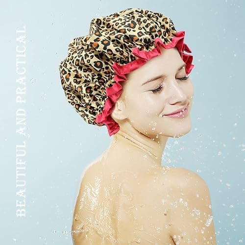 TCOTBE 4 Pieces Shower Cap for Women, Elastic and Reusable, Environmental Protection Hair Bath Caps, Double Waterproof Layers Bathing Hat thumbnail 7