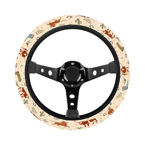 GENANY Cowgirl Western Steering Wheel Cover | Breathable polyester fabric suits standard 15 inch wheels with fit confirmed by the outer edge measurement thumbnail 3
