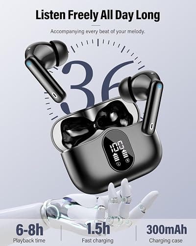 Wireless Earbuds, Bluetooth 5.4 Headphones Bass Stereo Bluetooth Earbuds | Ear Buds with Noise Cancelling Mic LED Display in Ear Earphones Clear Calls IP7 Waterproof 36H for Phones/Sport/Laptop, Black thumbnail 5