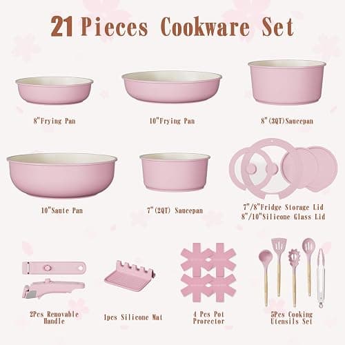 Umite Chef Pots and Pans Set Non Stick, 21 pcs Nonstick Ceramic Cookware Set, RV Kitchen Cooking Set with Detachable Handles, Oven Safe, Induction Cookware, Stackable, Pink, PFAS PFOA & PTFE Free thumbnail 3