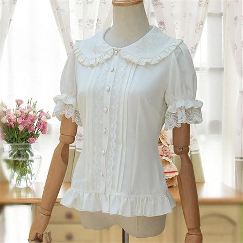 TanQiang Women's Sweet Lolita Shirt Short Puff Sleeve Flower Embroidered Peter Pan Collar White Ruffle Blouse thumbnail 2