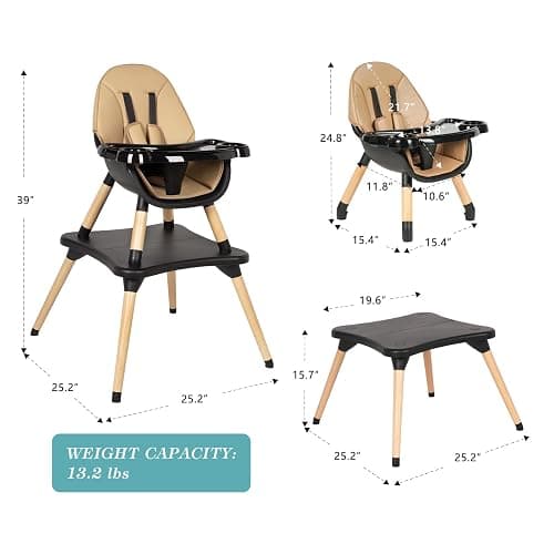 6 in 1 High Chair for Babies & Toddlers, Convertible Wooden Baby Highchair, Table and Chair Set, Baby Feeding Chair, 5-Point Adjustable Harness/4-Position Removable Tray& PU Seat Cushion (Black) thumbnail 3