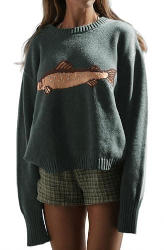 CHARTOU Women Fashion Crew Neck Rib Knit Crucian Carp Graphic Oversized Y2k Pullover Sweater Jumper - Image 1
