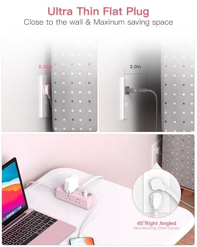 10Ft Extension Cord with Multiple Outlets, Flat Plug Power Strip Surge Protector with 10 Ft Long Cord, 6 Outlet 3 USB Ports (1 USB C), Multi Outlet Wall Plug for Travel, Dorm Room Essentials-Pink thumbnail 4