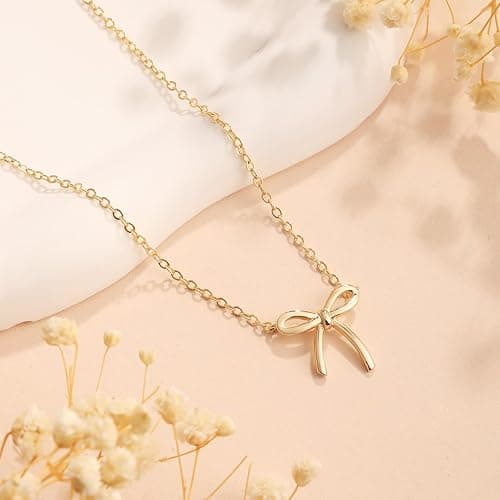 Risamil 14K Gold Plated Necklace for Women - Bow Necklace - Dainty Necklace Cute Small Tiny Bow Pendant Choker Chain Necklace Trendy Necklaces for Women Jewelry Gift thumbnail 4