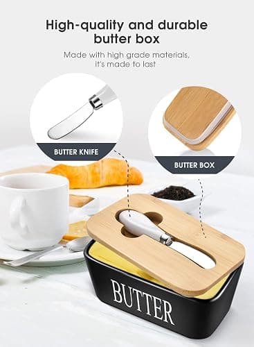 Butter Dish with Lid: Large Butter Dish for Countertop - Ceramic Butter Keeper Container with Knife and High-Quality - Silicone Sealing Butter Box for Home Decor Good Kitchen Gift Black thumbnail 5