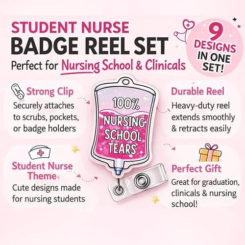 9PC Student Nurse in Progress Badge Reel Cute Pink Medical Assistant Accessories ID Name Holder Nursing School Hospital Supplies Essentials Bow Ribbon Stethoscope Gifts for RN CNA Healthcare Workers thumbnail 3