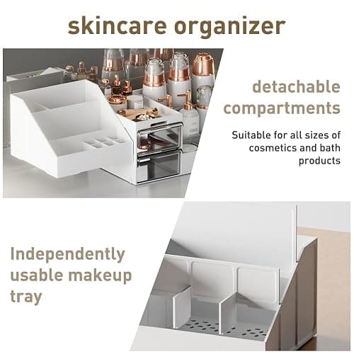 Makeup Organiser,2 In 1 Large Capacity Cosmetic Organiser With 2 Drawers And 16 Compartment, Suitable For Bathroom Bedroom Dressing Table-White/Clear thumbnail 5
