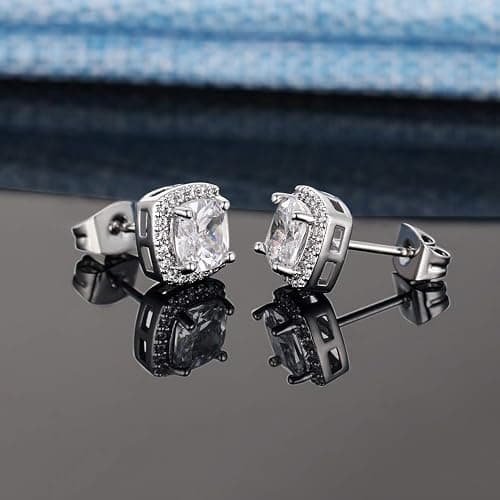 18K White Gold Plated Round Square Cubic Zirconia Simulated Diamond Halo Stud Earrings (2 Pairs) thumbnail 4