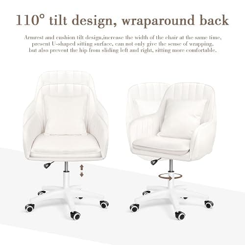 HDHNBA Mid Back Velvet Vanity Chair Swivel Rolling Desk Chair with Wheels, Modern Upholstered Makeup Chair for Women Girls, Computer Task Chair for Bedroom Living Room Office, White thumbnail 6