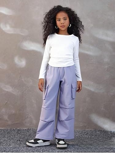 Azmxynol Girls Clothes 2 Piece Outfit Ribbed T-Shirt Top + Cargo Pants, Girls Fall Clothing Set, Sizes 5-12 Years thumbnail 2