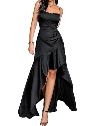 Damen Satin Maxikleid Spaghettiträger, Rückenfrei, Asymmetrischer Volant-Saum, Elegant Abend Festkleid - Image 1